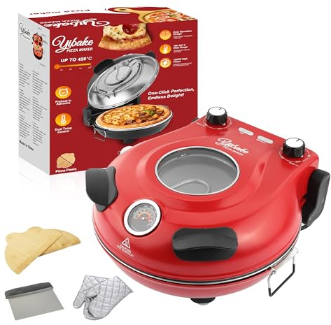 YIBAKE Electric-Pizza-Oven, 31cm Pizza Stone, 1200W Countertop-Pizza-Maker, 4-Min-Pizza in Pizza Oven Indoor, Dual Temp control, with Pizza Peels & Scraper Red