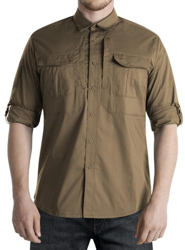 Flyplus Camisa Funcional de Manga Larga para Hombre, protección UV, para Exteriores, Transpirable, con Botones, para Tiempo Libre, para el Tiempo Libre