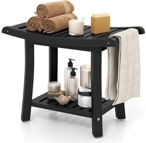 FANTASK Badhocker Sitzbank, Duschbank 170 kg belastbar mit Ablage 60,5 x 34 x 48 cm, Badezimmerbank Stabiler Duschstuhl für Erwachsene Senioren, Schwarz