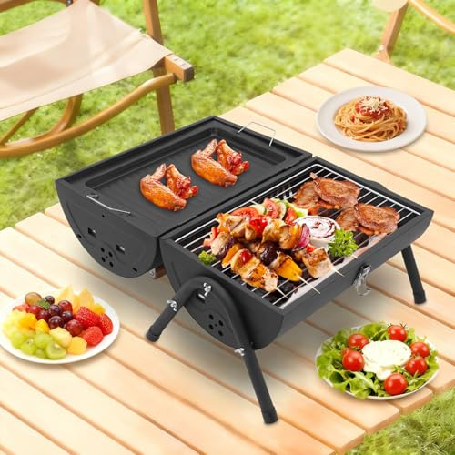 Tabletop Charcoal BBQ Grill, Portable Grill with Double-Sided Grilling Nets Frying Pan, Smoke Exhaust Chimney, for Outdoor Camping, Picnics, Backyard, Patio Meals