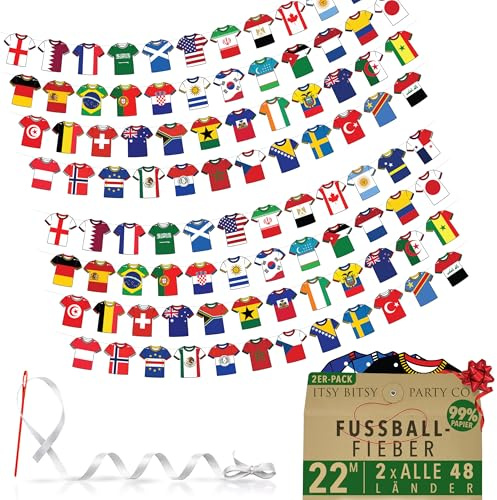 Premium Wiederverwendbare WM 2026 Fanartikel – Alle 48 Qualifizierten Teams x2 (2er-Set) WM Deko 2026 – 22 m Doppelseitige Wimpelkette aus Papier (2er-pack: 22 m, 96 Fahnen)