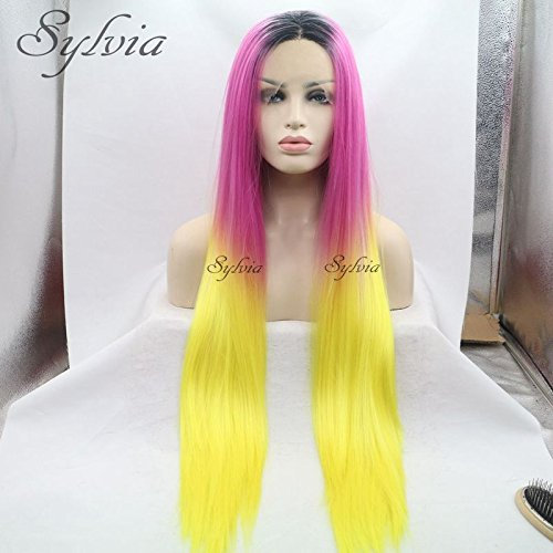 Xiweiya Multi-colored Wigs Ombre Hot Pink Ombre Yellow Lace Wig Long Silky Soft Straight Wig Synthetic Lace Front Wig Heat Resistant for Women Drag Queen Halloween Cosplay