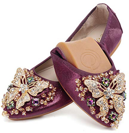 Womens Ballet Flats Foldable Rhinestone Pointed Toe Comfortable Slip on Wedding Flat Shoes Dress Flats for Women Red Size 10.5