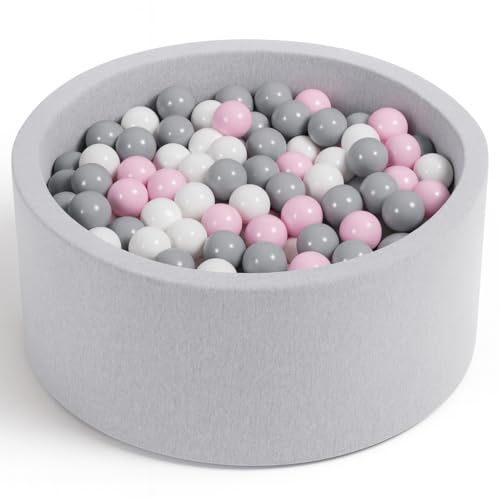 Angelove Piscina de Bolas Ø 90 × 30 cm con 200 Bolas - Piscina Redonda de Espuma con Funda Extraíble, Gris Claro: Rosa Pastel/Gris/Blanco