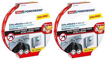 TESA Powerbond Ultra Strong Montageband/Doppelseitiges Klebeband für eine besonders starke und dauerhafte Befestigung ohne Bohren (2er Pack / 5m:19mm, Standard)