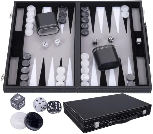 Engelhart - 250509 - Großes Luxus Backgammon 18 Zoll - 45 cm - Kunstleder & Filzeinlage - Perlmutt-Würfel & Spielsteine + 2 Becher - Strategiespiel - Profi & Freizeit