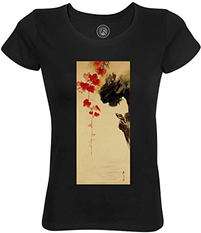 Fabulous T-Shirt Femme Col Rond Estampe Japonaise 18 Petit Oiseau et Feuilles de Lierre Rouge Art Délicat Original Vintage