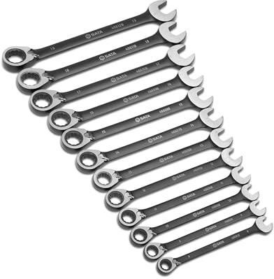 SATA ST08044B Umschaltknarrenschlüssel-Set, metrisch, 12-teilig, Schwarz Edition, Grün