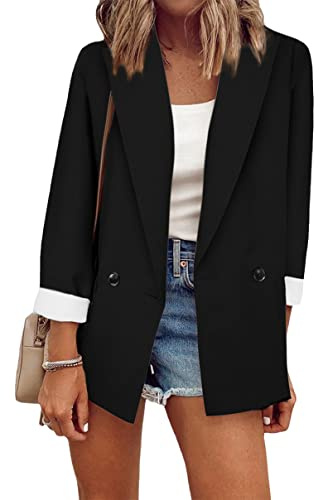 YMING Womens Lapel Collar Solid Color Blazer 2 Button Boyfriend Blazers Plus Size Work Office Jacket Blk M
