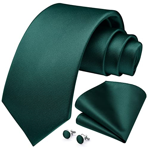 HISDERN Corbatas Verde de Hombre Modernas Corbata y Pañuelo de Bolsillo Gemelos Set Boda Formal Business