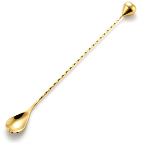 Homestia 2-in-1 Bar Mixing Spoon with Muddler, 12 Inch (30cm) Stainless Steel Cocktail Mixing Bar Spoon with Muddler Tip Cocktail Stirrer, Spiral Handle Drink Stirrer for Bartending (Gold)