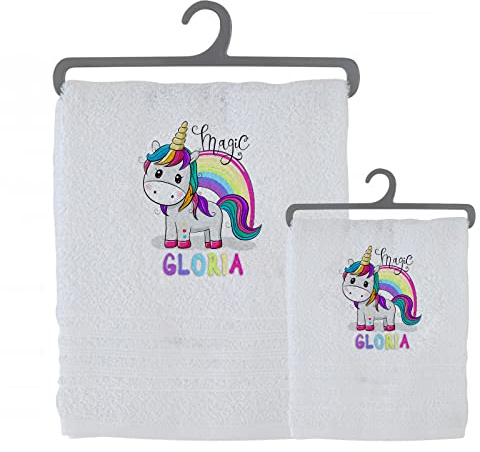 Set 2 Asciugamani Bagno Personalizzati 100% cotone Made in Italy Asciugamano Viso e Ospite Bianco Con Stampa Personalizzata Idea Regalo Bagno Doccia Biancheria Casa Bambina Bebè Con Nome e Unicorno 2
