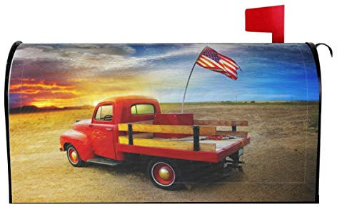Red Vintage Pick Up Truck with American Flag Mailbox Covers Magnetic Mailbox Wraps Post Letter Box Cover Standard Oversize 25.5x21 Mailwrap Garden Home Decor
