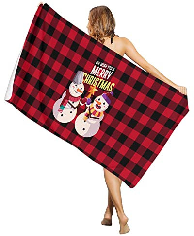Badetuch 80x130cm, Frohe Weihnachten Winter Schneemann Rot Und Schwarz Büffel Kariert Badehandtuch Saugfähiges Duschtücher Damen Mikrofaser Handtücher, Für Wandern, Picknick