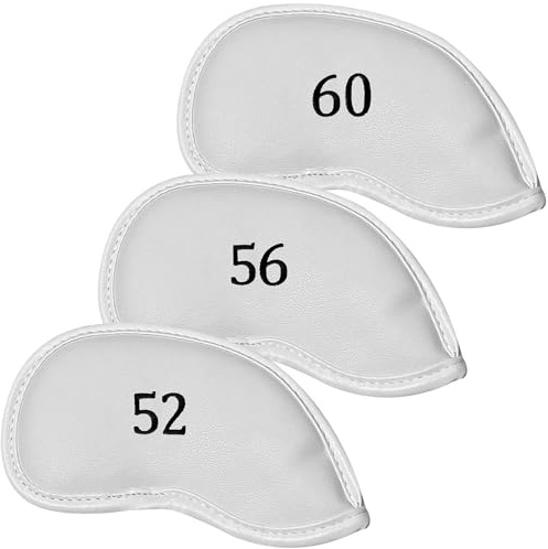 Helt uppkopplad premium magnetiskt läder järn och kilhuvud överdrag för golfklubbor | set med 10 | passar de flesta klubbar | broderad klubbetikett på båda sidor av klubbhuvudskyddet (vit 52, 56, 60
