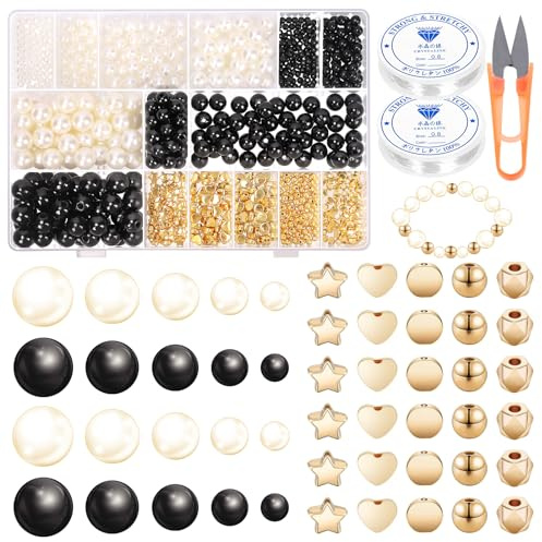 Swpeet 753Pcs 2 Farben 4/6/8/10/12mm Perlenarmband Herstellung Kit beinhaltet 500Pcs schwarz/weiß perforierte Perlen, 250Pcs Abstandsperlen, 2Pcs elastische Strings, 1Pc Schere für DIY Schmuck Perlen