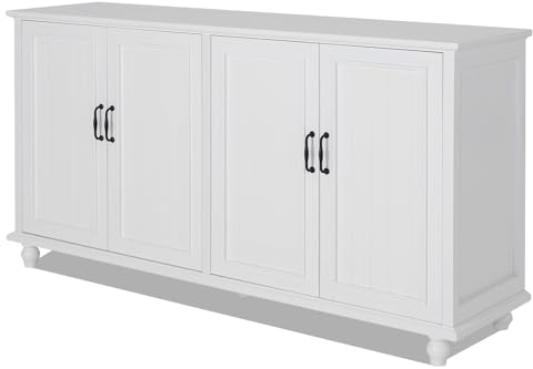 UEV Vintage Sideboard, 157x41x81cm, weiß, Kommode mit 4 Türen und verstellbare Ablagen, Aufbewarhungsschrank, Kücheschrank, Beistellschrank, Mehrzweckschrank für Wohnzimmer Schlafzimmer Flur