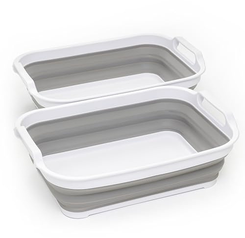 SAMMART Collapsible Tub - Foldable Dish Tub - Portable Washing Basin - Space Saving Plastic Washtub (Size M, White/Grey (Set of 2))