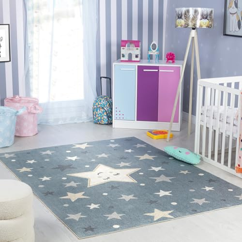 Livabliss Sterne Kinder waschbar - Cartoon 160x213 cm, Waschbarer Kinderzimmer oder Babyzimmer, Krabbel oder Spiel - Babymatte für Jungen & Mädchen, Blau und Grau