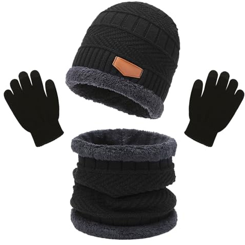 XNIVUIS 3 PCS Noir Garçons Ensemble Bonnet Écharpe Gant Ensemble Enfants Hiver Chaud Tricoté Bonnet Écharpe Polaire Tricoté Enfants Cache Cou Gants À Écran Tactile pour Garçons Filles 3-10 Ans (Noir)