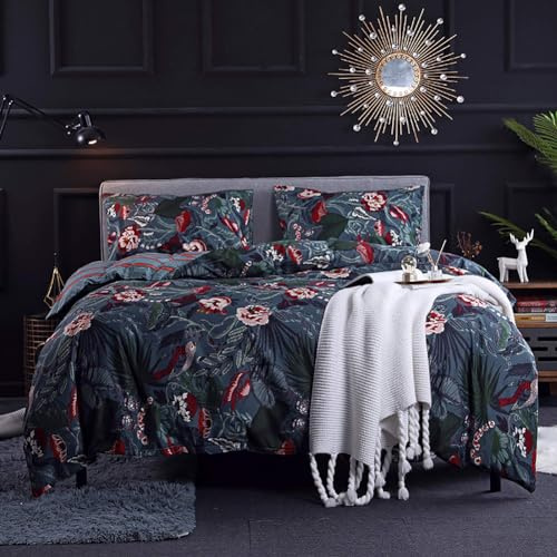 Michorinee Housse de Couette 220x240 Bleu Nuit - Parure de Lit Motif Fleurie Rose avec Fermeture Éclair - Linge de Lit Réversible 2 Personnes Adulte avec 2 Taies d'oreiller 65x65 cm