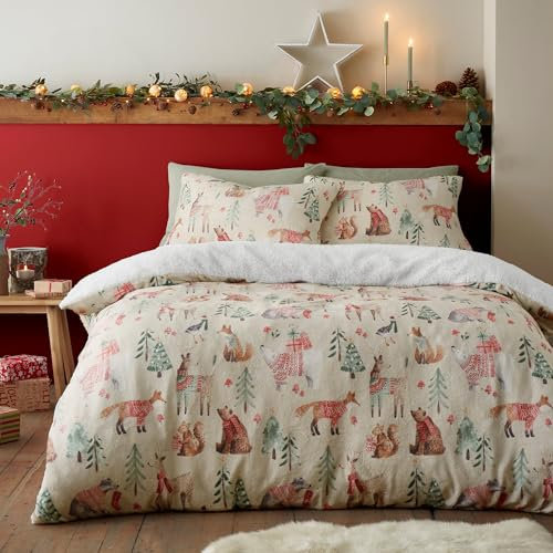 Fusion Woodland Animals Duvet Cover King Size Bed Teddy Fleece Winter Bedding (230x220cm) – Reversible – 2 Pillowcases – Natural Christmas Design – Soft Festive Bedding, Cream