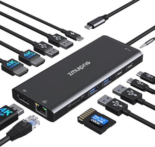 USB C Docking Station Dual Monitor,Triple Display USBC Dock, 14 in 1 Laptop Dockingstation mit 2 * 4K HDMI,DP/Displayport,Ethernet,4*USB,100W PD,USB-C Data,SD/TF,Audio/Mic für Dell HP etc