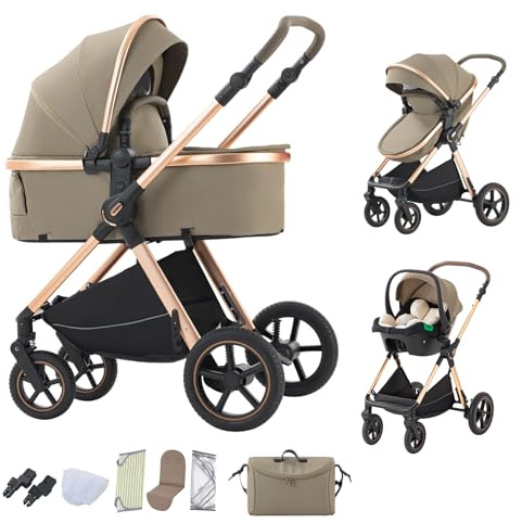 BEBBY Kombibarnvagn, 3-i-1 resesystem, standardbarnvagn, barnvagn, buggy nyfödda, bärbar resevagn, vikbar aluminiumbarnvagn, hög landsbyggnad, barnvagn (D2-LIGHT BROWN-6)