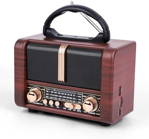 T.TAOMI Retro Portable Radio AM FM SW 3 Band,USB Charging, Shortwave Radio with Bluetooth Speaker,TF Card (Brown)