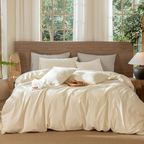Lanqinglv Biancheria da letto 155 x 220 cm, cotone rinforzato, effetto lino, biancheria da letto in cotone con chiusura lampo, Öko-Tex per persone allergiche, 1 copripiumino e 1 federa 80 x 80 cm