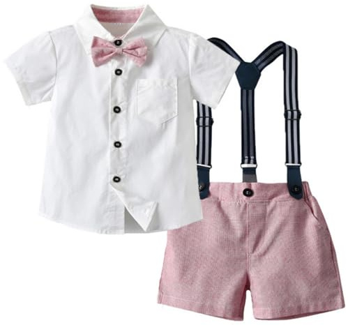 Yaopelky Conjunto de ropa de verano para niño pequeño, traje de caballero, camisa de manga corta con corbatín y pantalones con tirantes, 1-8 años, Rosa, 3-4 años