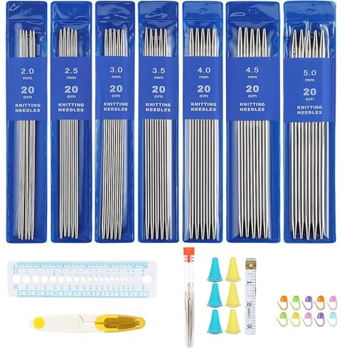 55 Stück Stricknadeln Set, 2mm - 6mm Edelstahl Doppelspitzen Gerade Strickset, 20cm Knitting Needles Nadelspiel für Anfänger, Gerade Stricknadel Set (Blau)