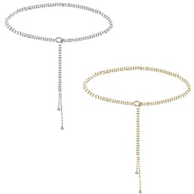 APOMOONS 2 Stück Glitzer Gürtel Damen, Strass Kettengürtel Taillengürtel, Gürtel Glitzer Gürtel Damen Silber, Glitzergürtel für Abendkleid Verstellbarer Diamant O Ring（Silber und Gold）