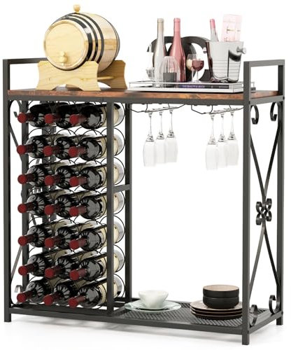 GIANTEX Casier à vin avec étagère pour 21 bouteilles et porte-gobelets, grand plateau et étagère inférieure, 93 x 38 x 102 cm, meuble auxiliaire pour bar, cave, salle à manger