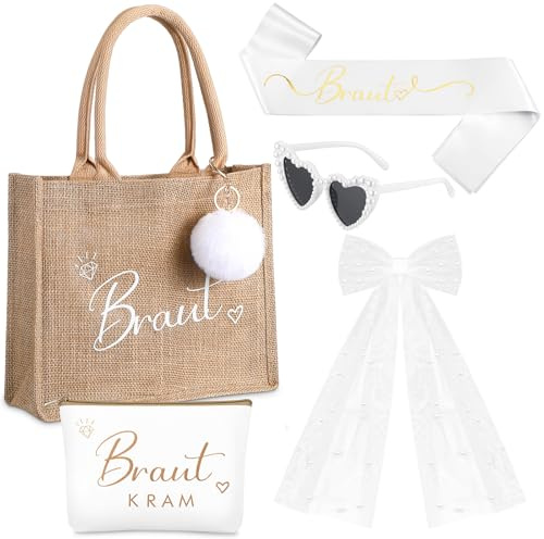 Gulfmew 6 Pezzi Regali da Sposa Accessori JGA Donna, Borsa per Trasporto Borsa Cosmetica Occhiali da Sole di Cuore Fascia Velo Accessori Festa di Addio al Nubilato per Matrimonio Festa Nuziale