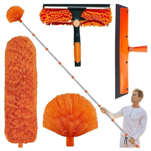 6M High Range Duster Kit with 1.5-4.9M Extension Cord, Window Squeegee with Scrubbing Brush, Cobweb Duster with Telescopic Pole, Spider Web Brush