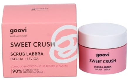 Goovi, Sweet Crush, Scrub Labbra a Doppia Esfoliazione, Effetto Levigante e Rivitalizzante con Olio di Cocco, Olio di Semi di Papaya e Cristalli di Zucchero, Ingredienti di Origine Naturale