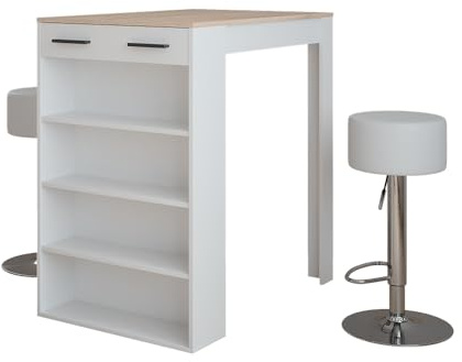 Vicco Set de Mesa de Bar Repose, Blanco/Sonoma, 67 x 100 cm con 2 taburetes de Bar, para Usar como Mesa Alta con estantes Ajustables
