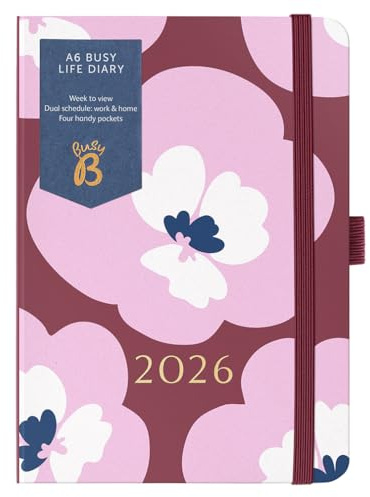 Busy B - Agenda Busy Life 2026 - Planificateur semainier A6 compact pour les étudiants, les enseignants, le travail et avec double emploi du temps, calendrier annuel, pochettes pour stylos - Floral