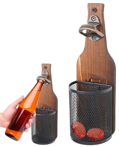 Bieröffner Wand mit Kronkorken Sammler, Wandflaschenöffner mit Auffangbehälter, Vintage Hölzerne Flaschenöffner Wandmontage, für Bar, Küche, Terrasse, Bier Geschenke für Männer und Bierliebhabe