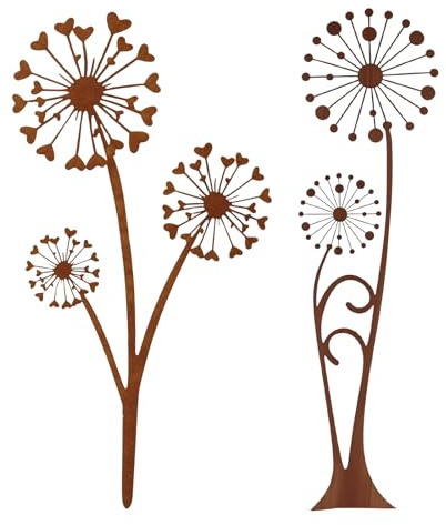 ZRUEWOT Gartenstecker Metall Set - Rostdeko Pusteblume Kombination aus A&B Design Wetterfeste Gartendeko für Draußen Herbstdeko Cortenstahl Deko für Balkon & Blumentopf