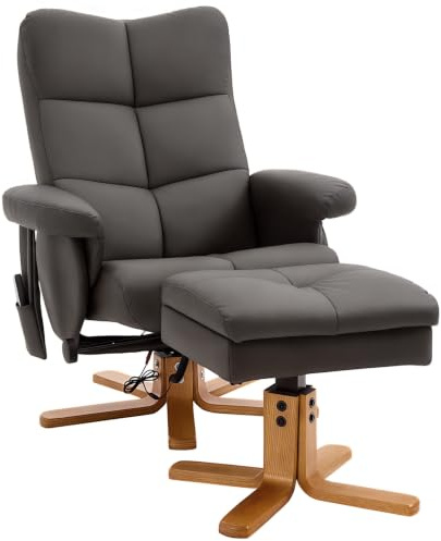 HOMCOM Fauteuil de Relaxation Massant avec Pouf, Polyuréthane, Marron | Fauteuil Relax, Dossier Inclinable, Pivotant à 360°, Télécommande, Poche Latérale, Rangement Caché, Chaise TV pour Salon