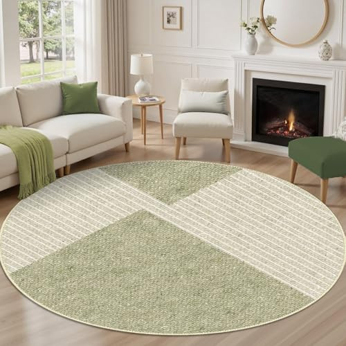 Zhaotingrui Wohnzimmer Teppich Rund 80cm, Flauschiger Kurzflor mit geometrischem Grün & Beige Design, Antirutsch & Waschbar, Für Wohnzimmer oder als Bettvorleger, In Grün, Beige
