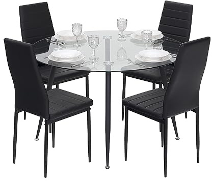 MOG CASA Conjunto de Mesa Corin con 4 Sillas Shirley Ø120x75 cm, Estructura Metálica Negra y Tapa de Vidrio Templado