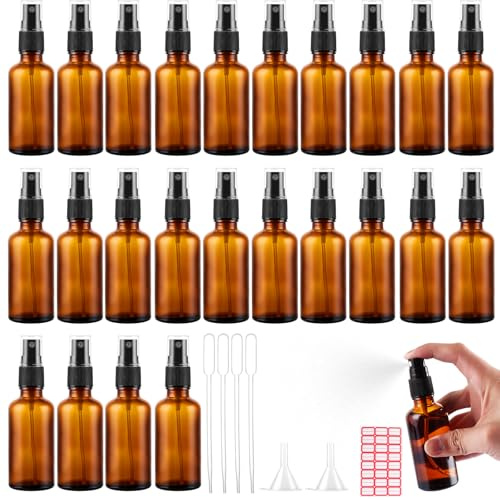 LDHHYH 24 Pièces Flacon Spray Vide 50 ml, Flacon Pulvérisateur en Verre Marron avec Brume Fine, Vaporisateur Parfum Rechargeable avec Entonnoirs, Pipettes, Bouchons et Étiquettes pour Voyage
