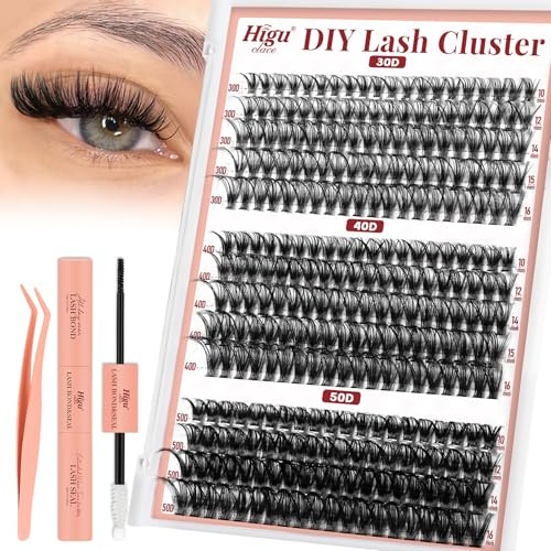 Higu clace Kit Pestañas Postizas 30D+40D+50D D Curl(30D+40D+50D) | Kit Pestañas Pelo a Pelo Extensiones DIY 280 Pcs Cluster Lash 10-18 mm with Lash Bond, apto para principiantes