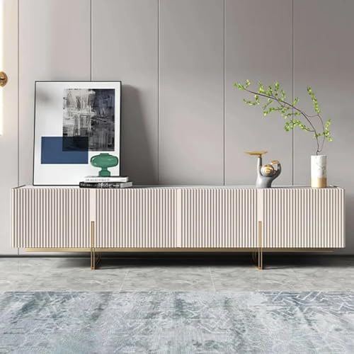 Homary ModernerTV-Schrank aus Sinterstein und Holz, langes Unterhaltungszentrum mit Aufbewahrungsschränken TV-Konsolentisch für Wohnzimmer, Schlafzimmer (Glänzendes Elfenbein, 220 cm)