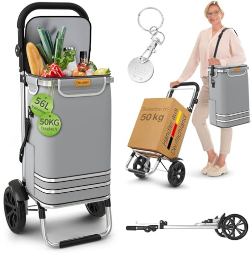ELONEO Einkaufstrolley klappbar, Einkaufswagen mit Kühlfach, 3in1 Trolley, Sackkarre & Umhängetasche, Einkaufsrollwagen, Shopping Trolley 56L Kapazität & Einkaufschip, Hackenporsche Silber