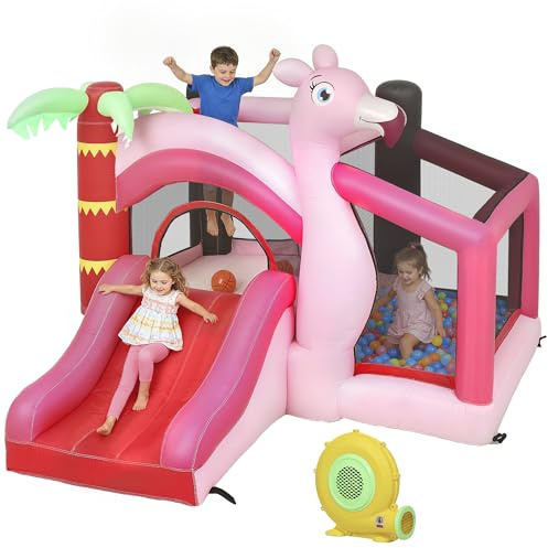 Qaba Inflatable Bounce House for Kids with Slide, Ball Pool and Basketball Hoop, 4-in-1 Jumping Bouncy Castle with Blower for Indoor Outdoor Backyard Party, Pink