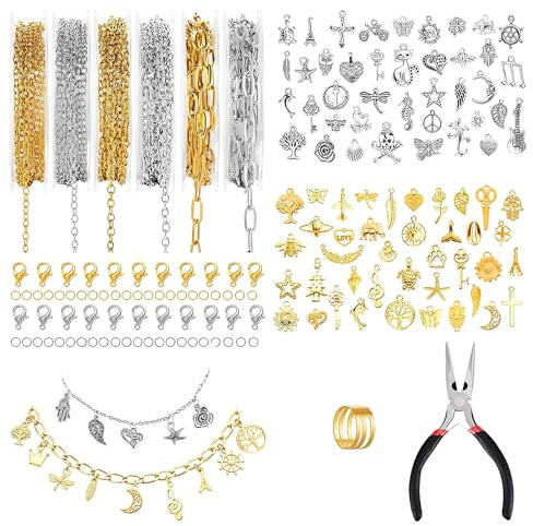 6 Rollen Gliederkette Gold und Silber Schmuckkette Gliederkette Meterware | Schmuckketten zum Basteln Schmuckherstellung Zubehör mit 80 Anhänger, Schmuck Machen Kette für DIY Halsketten Armbänder